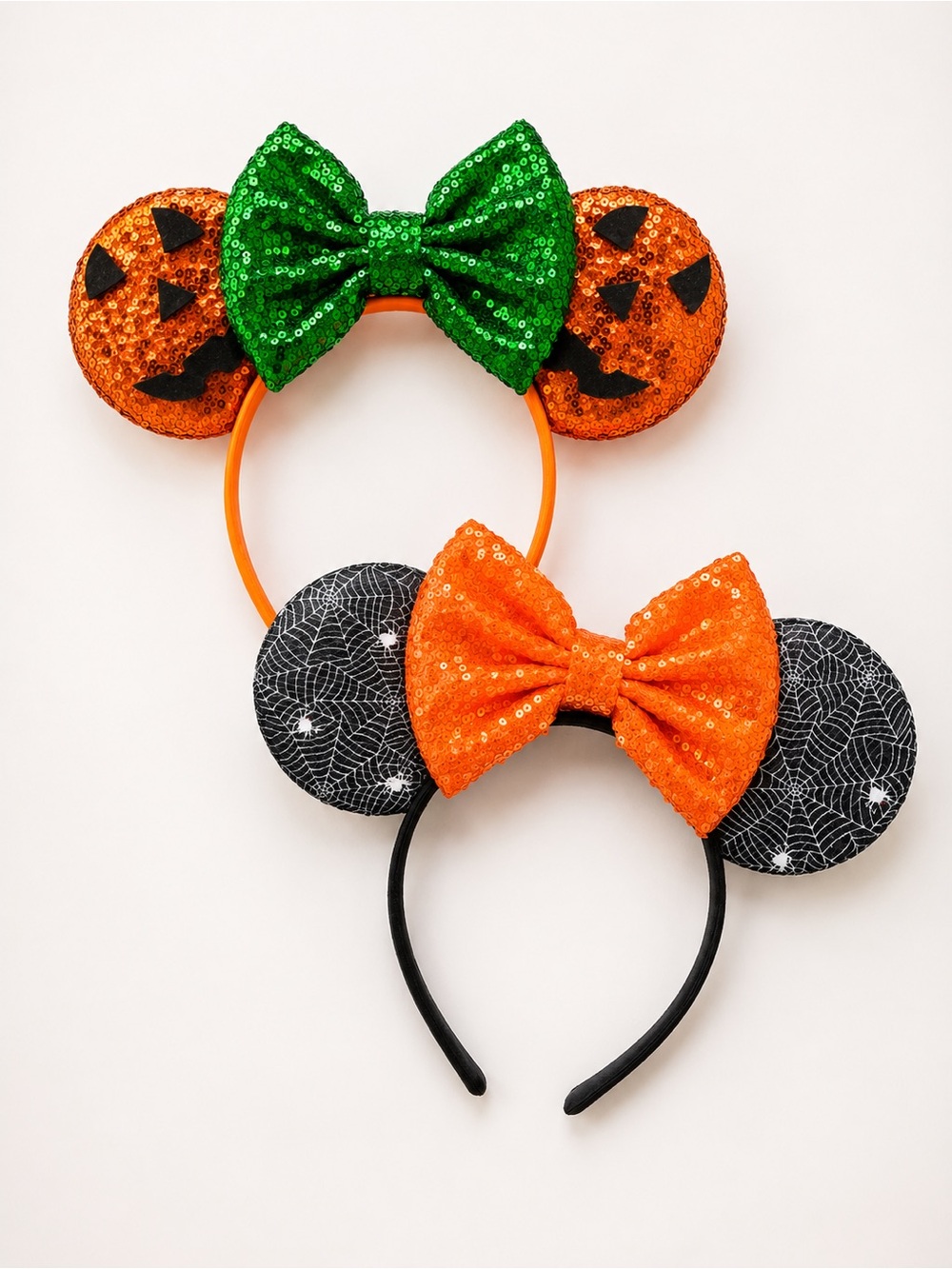 Kids Set of Two Halloween Ear Headband with Bow - Sequin Pumpkin PLUS spiderwebs